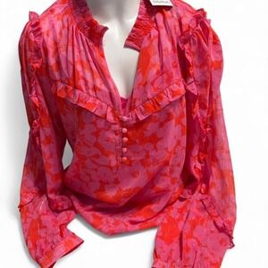 NWT Sugarlips Pink Red Floral Ruffle Blouse Size Medium New Romantic Top